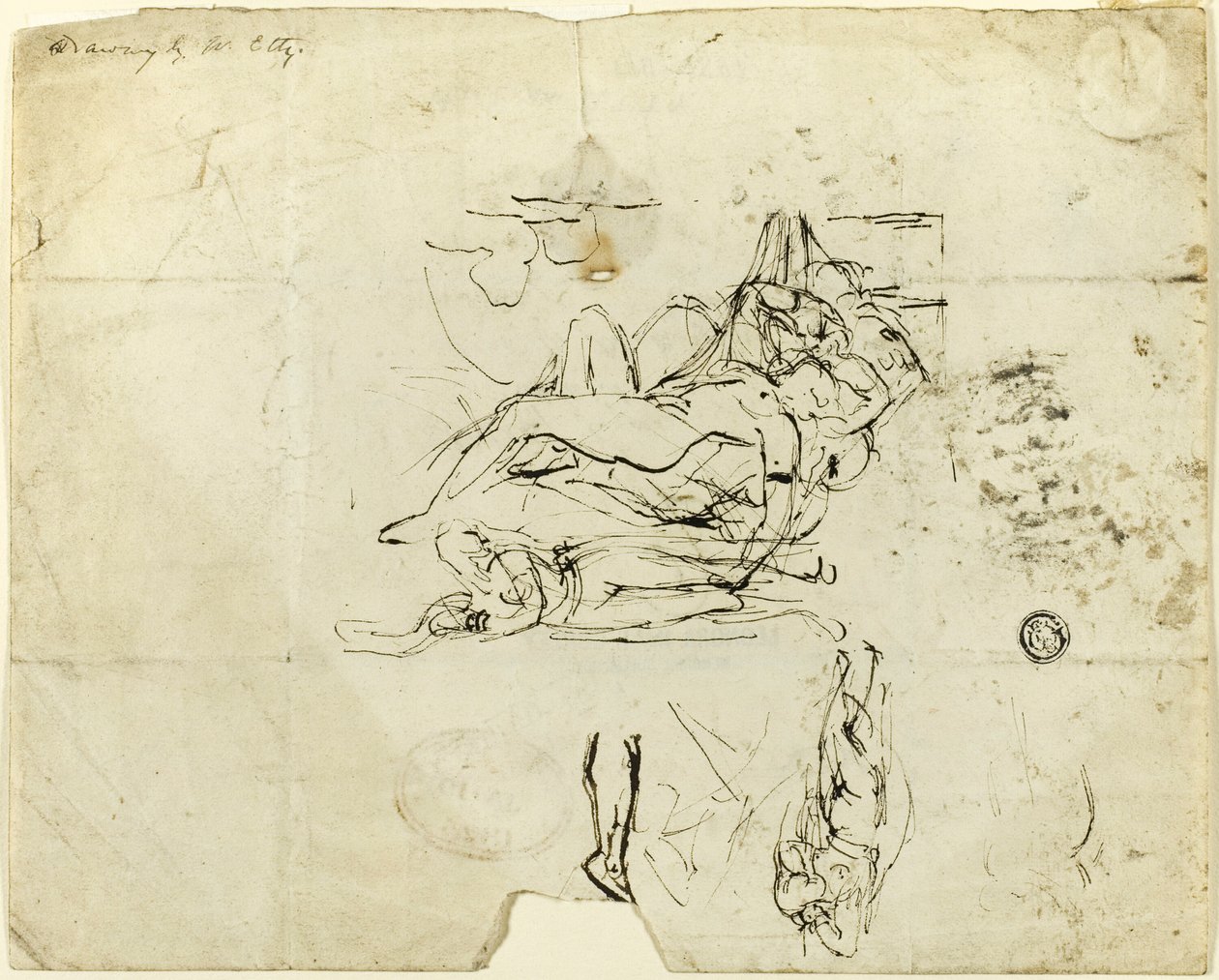 Skitser af tilbagelænet nøgen kvinde og amorøst par af William Etty