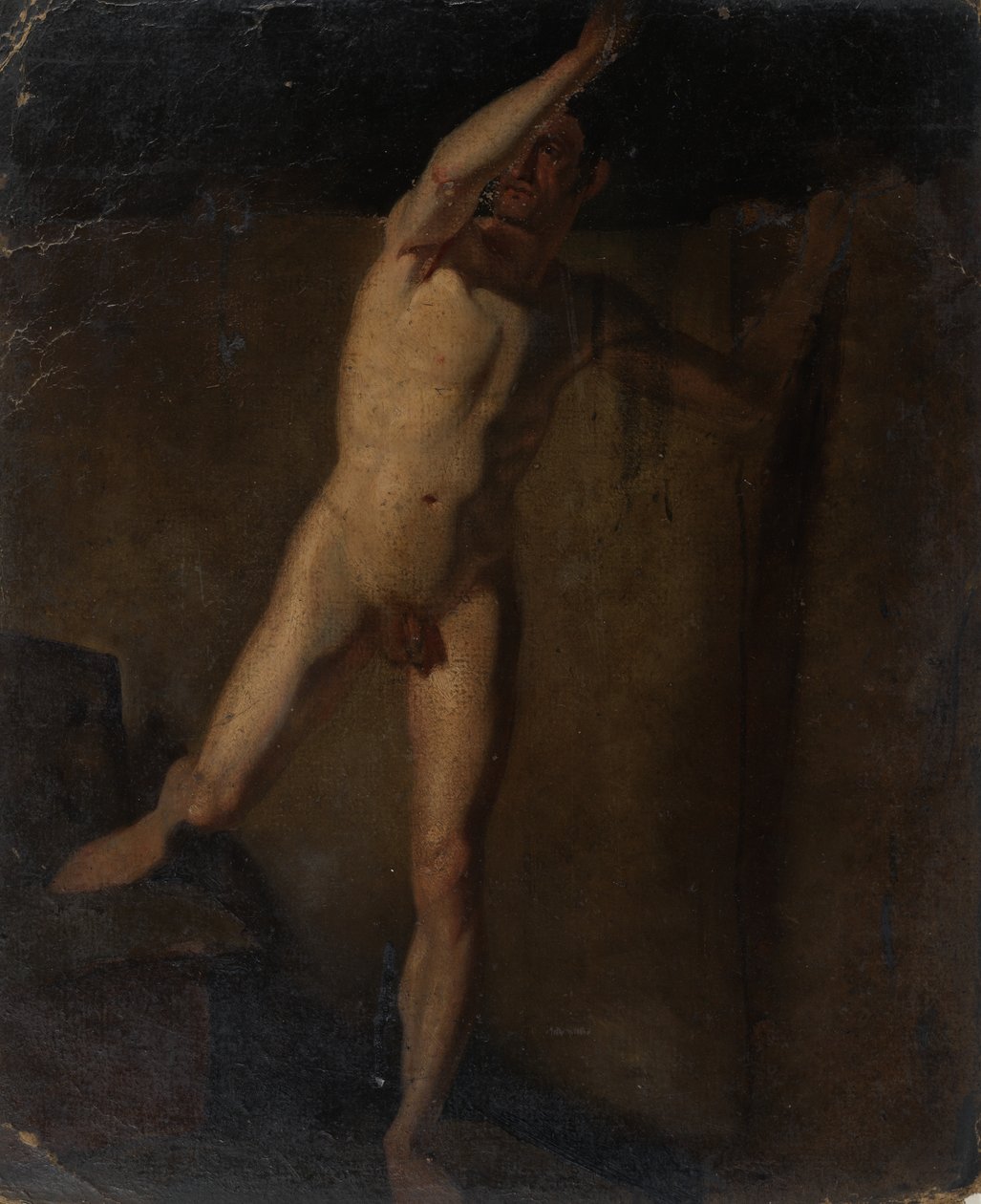 Stående nøgen mand, løftet højre arm, højre fod hviler på blokke af William Etty