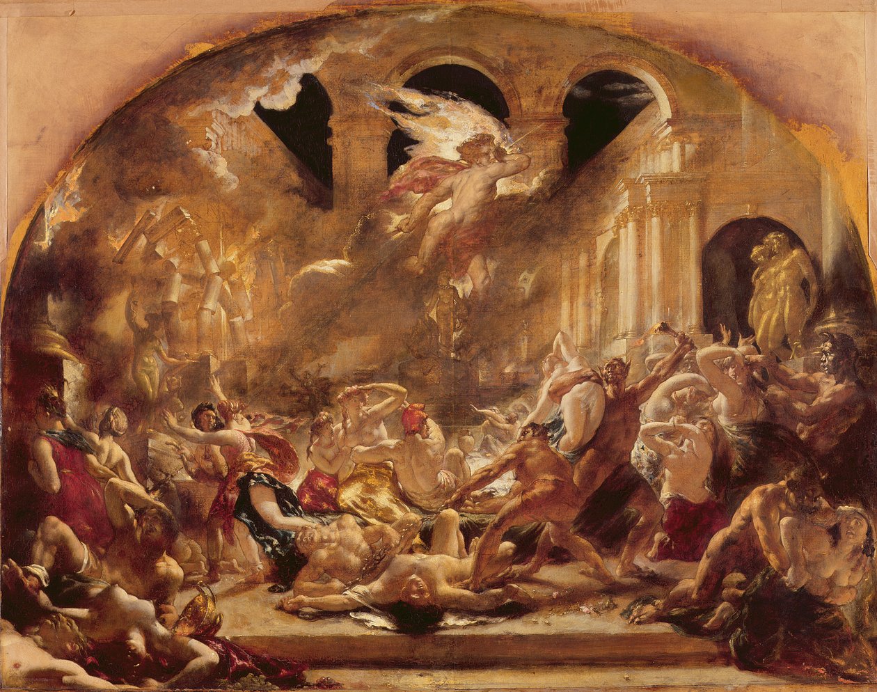 Ondskabens ødelæggende engel og dæmoner, der afbryder orgierne for de ondskabsfulde og uforsvarlige (olie på lærred) af William Etty