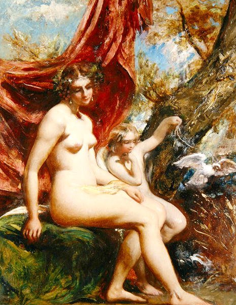 Venus og Amor med en due (olie på panel) af William Etty