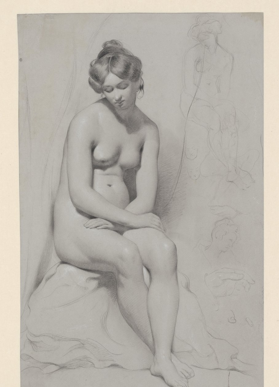 Siddende nøgen kvindelig model med høj klipning, skitseret igen ved siden af af William Etty