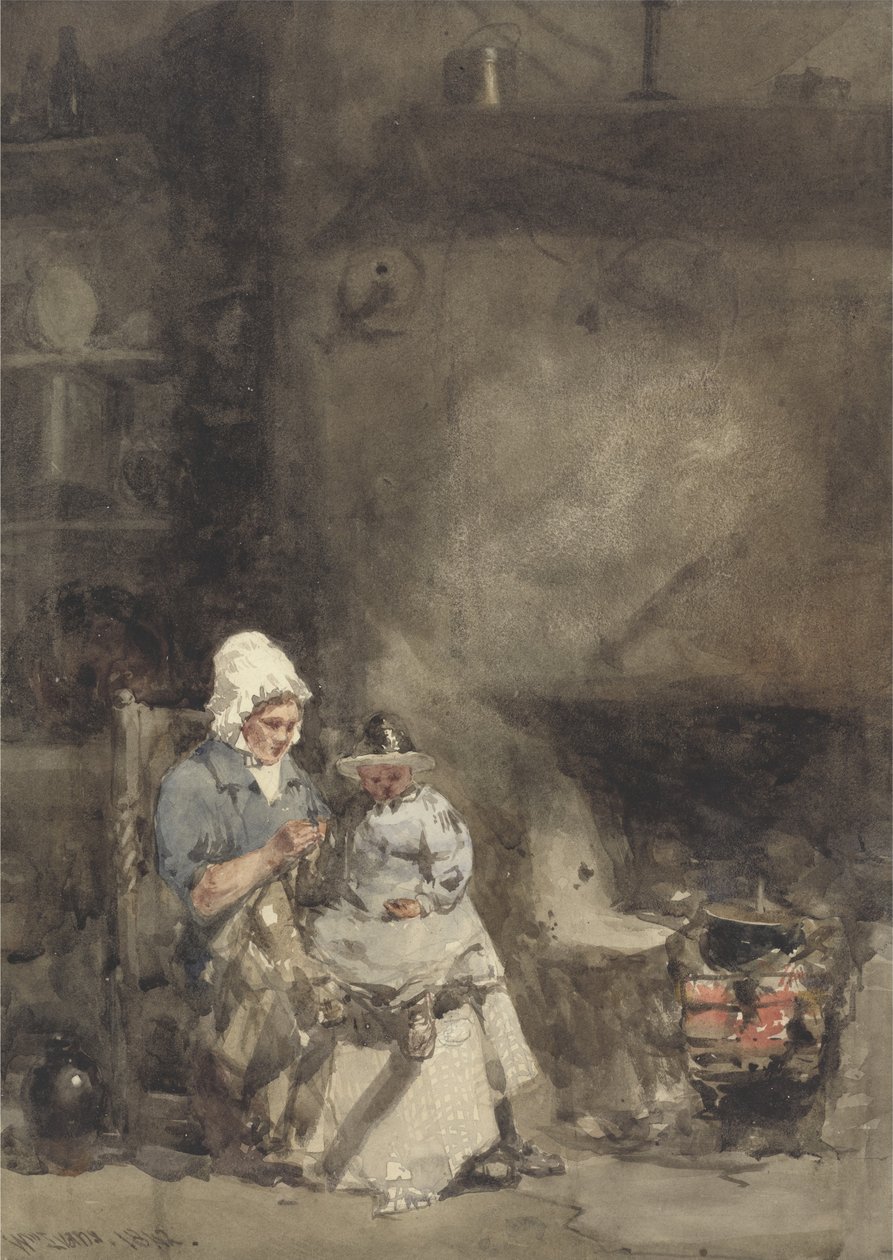 En kvinde og et barn ved en ildsted, 1842 (wc over grafit på papir) af William Evans