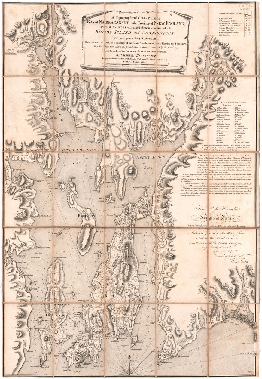 Blaskewitzin Rhode Islandin topografinen kartta af William Faden