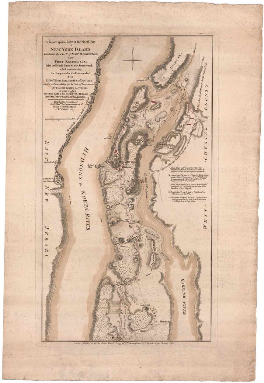 Et topografisk kort over den nordlige del af New York Island af Sauthier af William Faden
