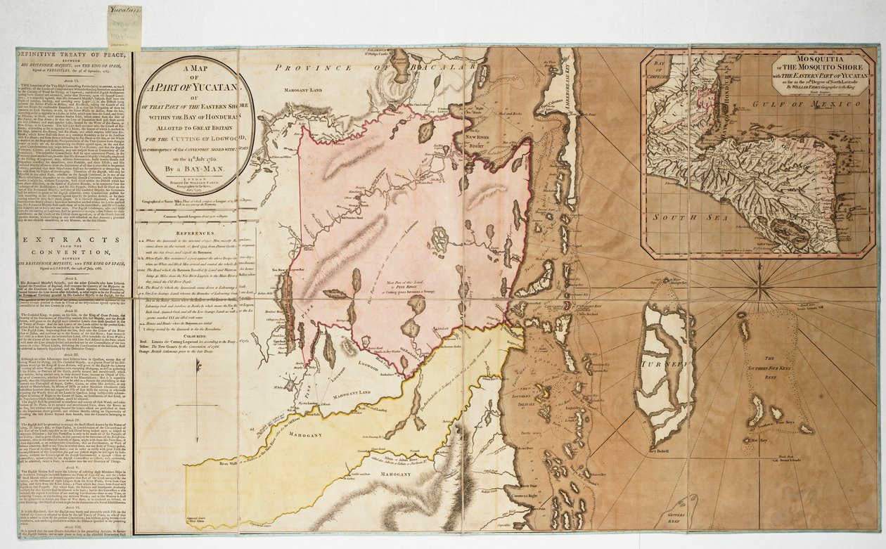 Et kort over en del af Yucatan eller den del af den østlige kyst inden for Hondurasbugten, der er tildelt Storbritannien til fældning af tømmer som følge af den konvention, der blev underskrevet med Spanien den 14. juli 1786. Af en mand fra bugten. af William Faden