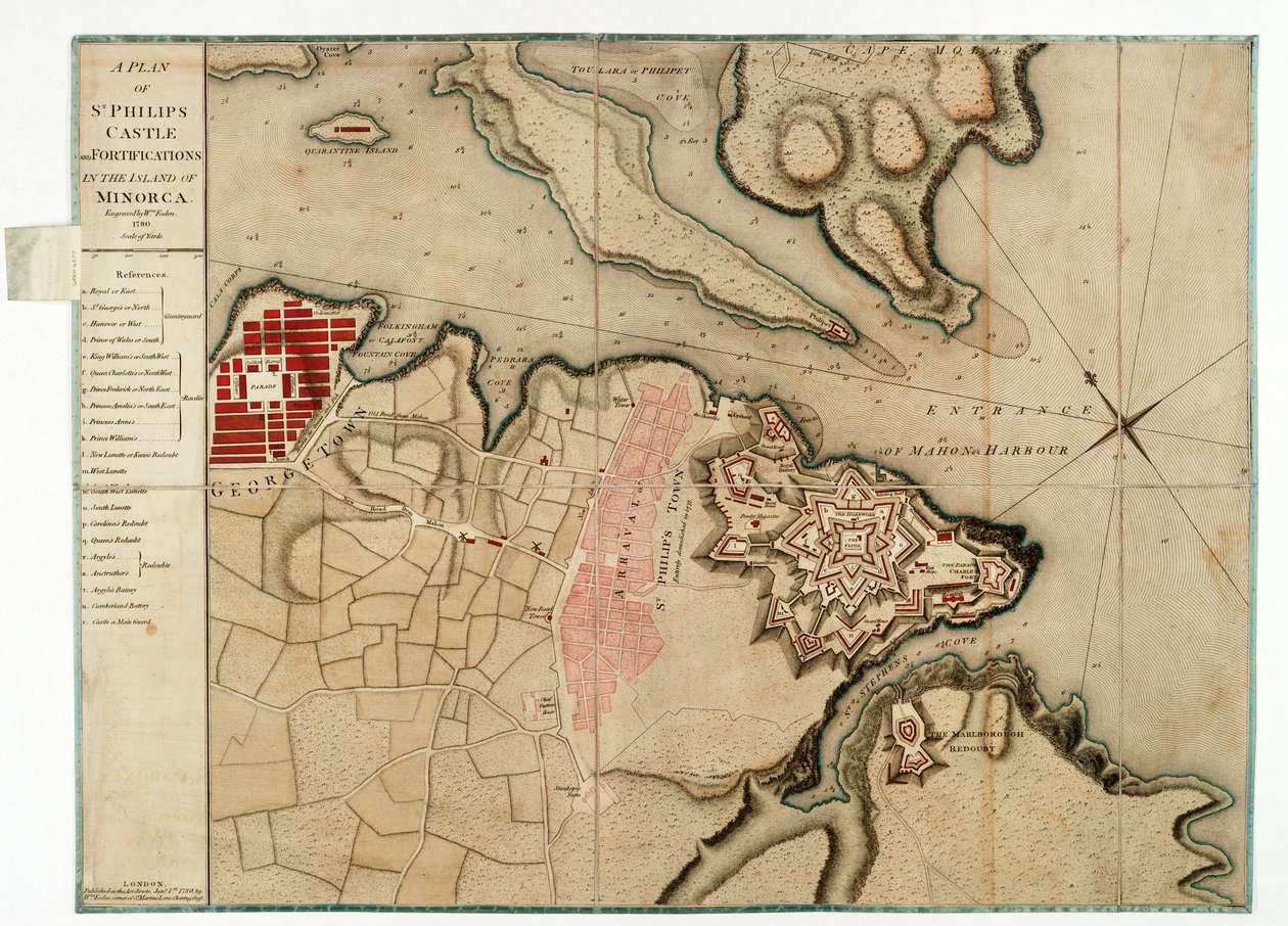 En plan over St Philips Castle og befæstninger på øen Menorca af William Faden