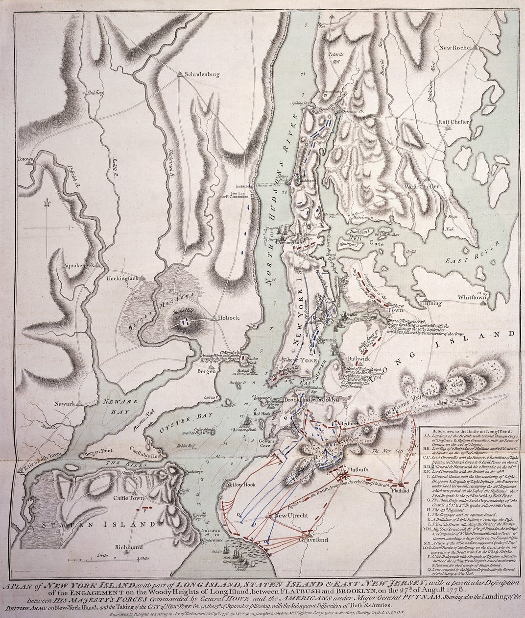 Plan over New York Island med en del af Long Island, Staten Island og East New Jersey og forlovelsen på Woody Heights på Long Island mellem de britiske styrker under kommando af general Sir William Howe af William Faden
