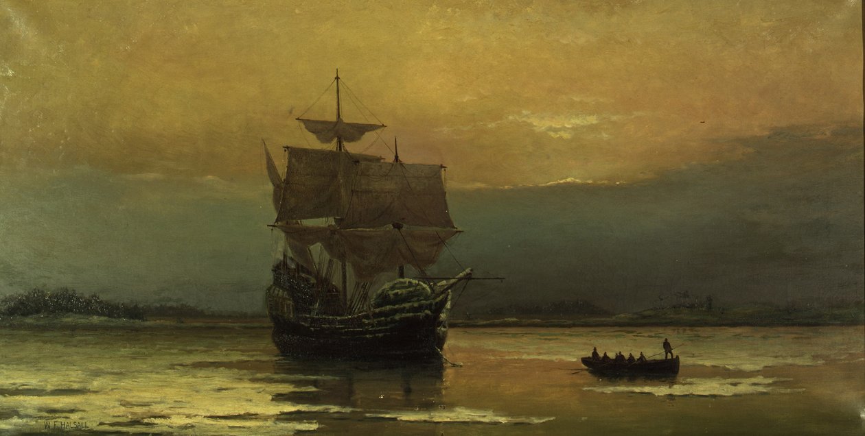 Mayflower ved hendes ankomst til Plymouth Harbor, 1882. af William Formby Halsall