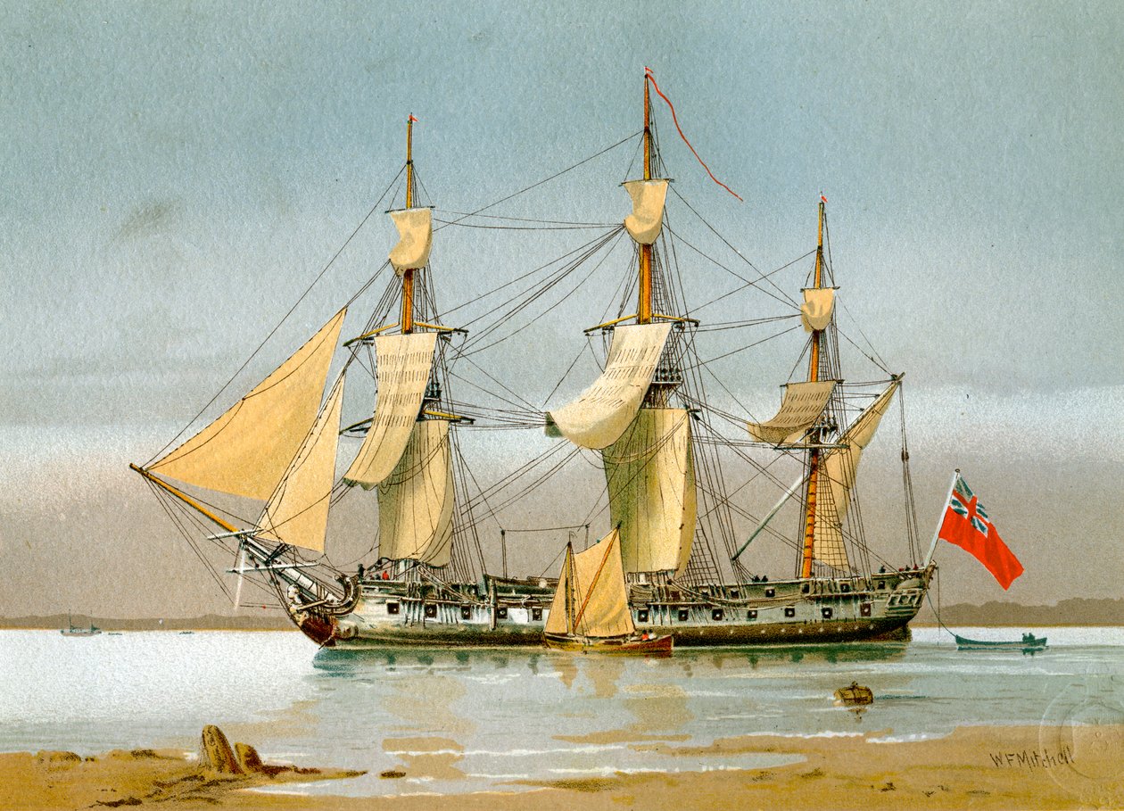 En Royal Navy 42 kanonfregat, c1780 c1890-c1893. af William Frederick Mitchell