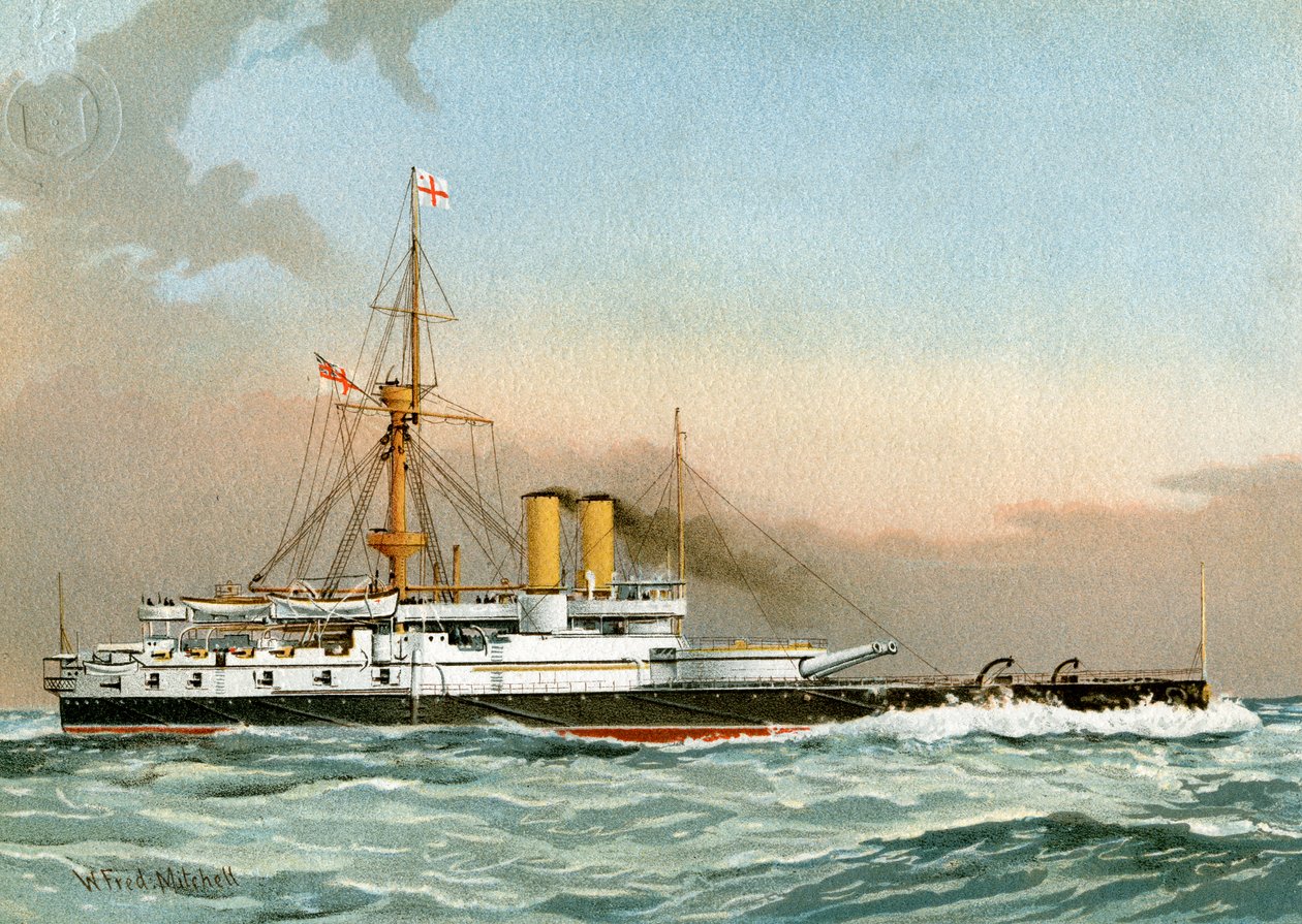 HMS Victoria, Royal Navy 1. klasse slagskib, c1890-c1893. af William Frederick Mitchell