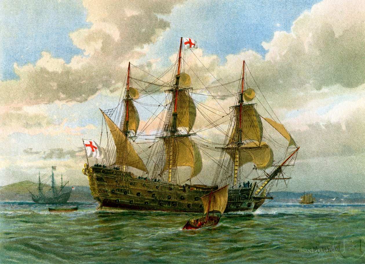 Royal Navy kampskib, c1650 c1890-c1893. af William Frederick Mitchell