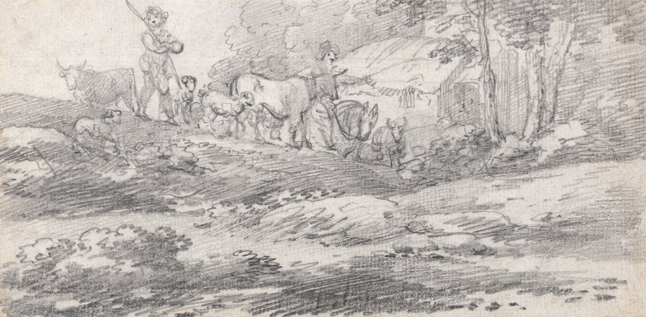 Landskab med Figurer og Kvæg af William Frederick Wells