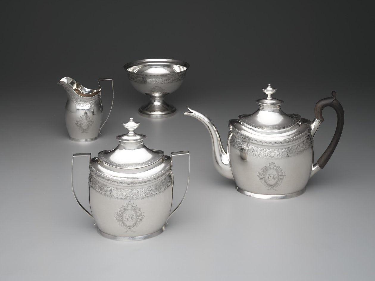 Tekande, flødekande, affaldsskål og sukkerskål, ca. 1795 (sølv og hårdttræ) af William Garret Forbes