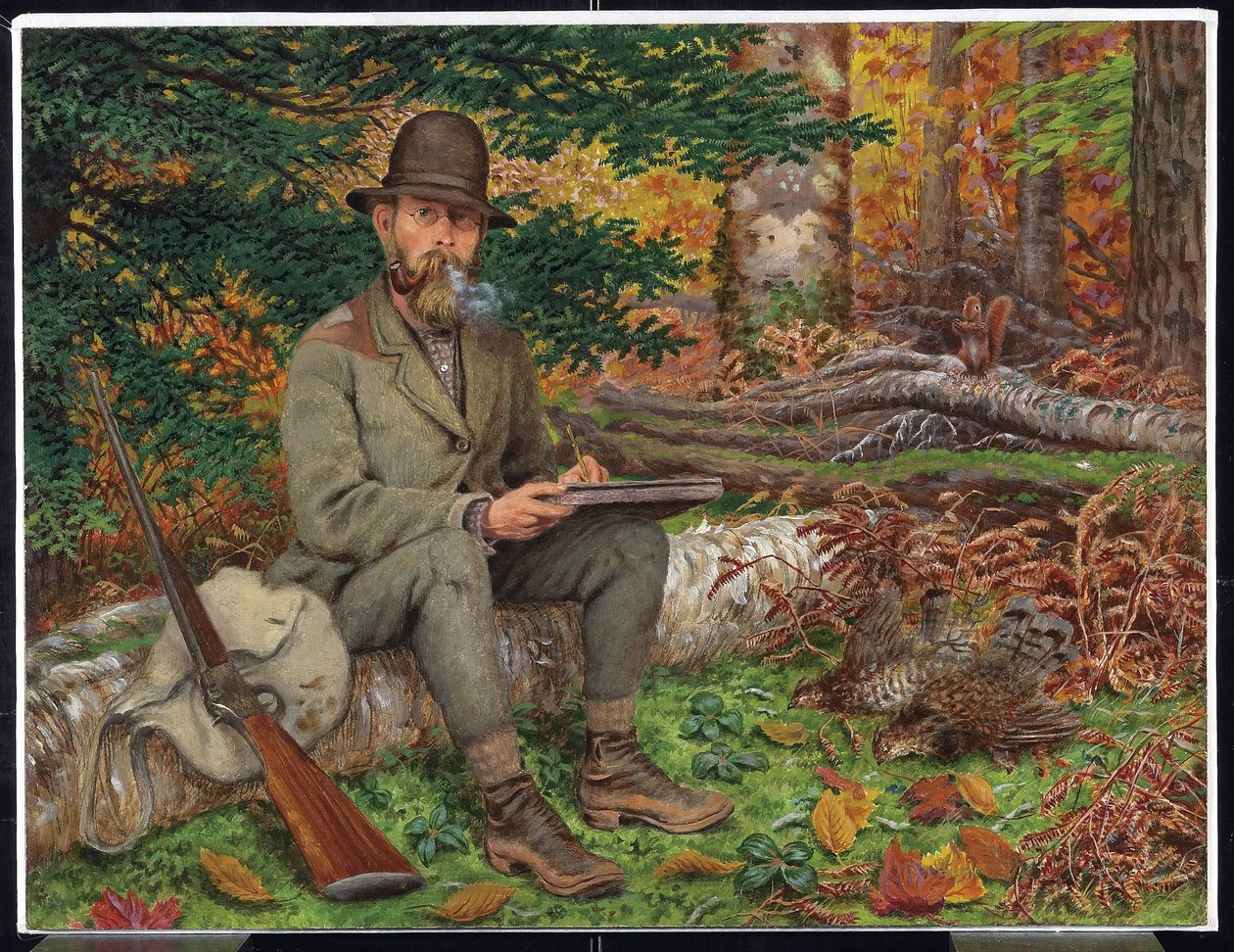 Selvportræt i jagtudstyr, ca. 1875 (olie & grafit på papir på lamineret fiberplade) af William George Richardson Hind