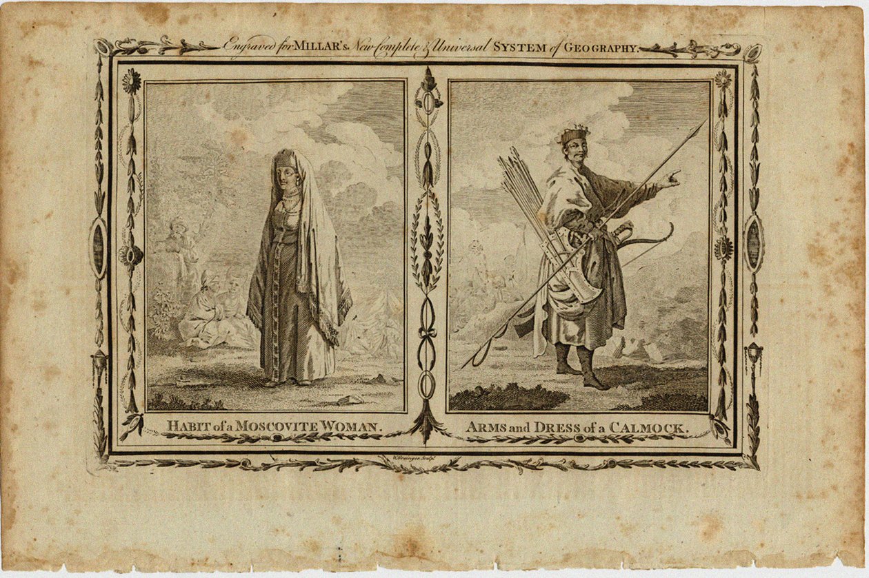 En moskovitisk kvindes vaner og en Kalmyks våben og kjole, ca 1730 af William Grainger