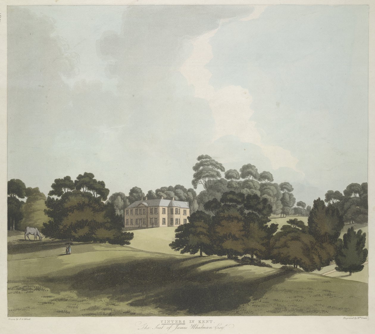 Figurer og en hest i parklandskab; Vinters House i mellemgrunden; træer i hele scenen af William Green