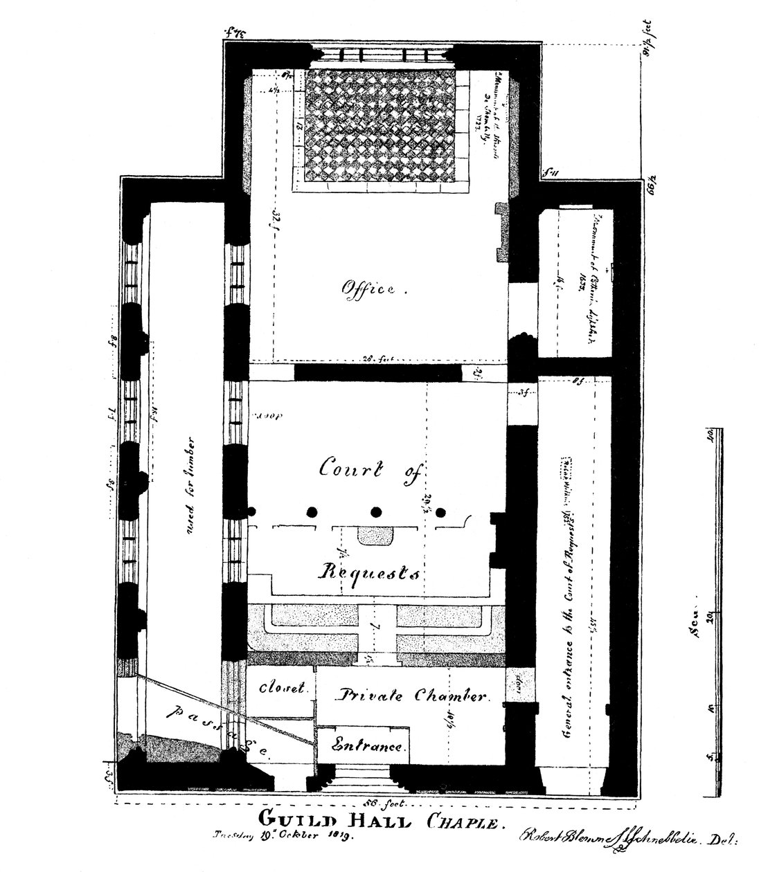 En plan af Guildhall Chapel, King Street, Cheapside, London, 1819 1886. af William Griggs