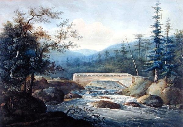 Overdækket bro over Sacandaga-floden, Hadley, NY, ca. 1820 (grafit og akvarel på papir) af William Guy Wall
