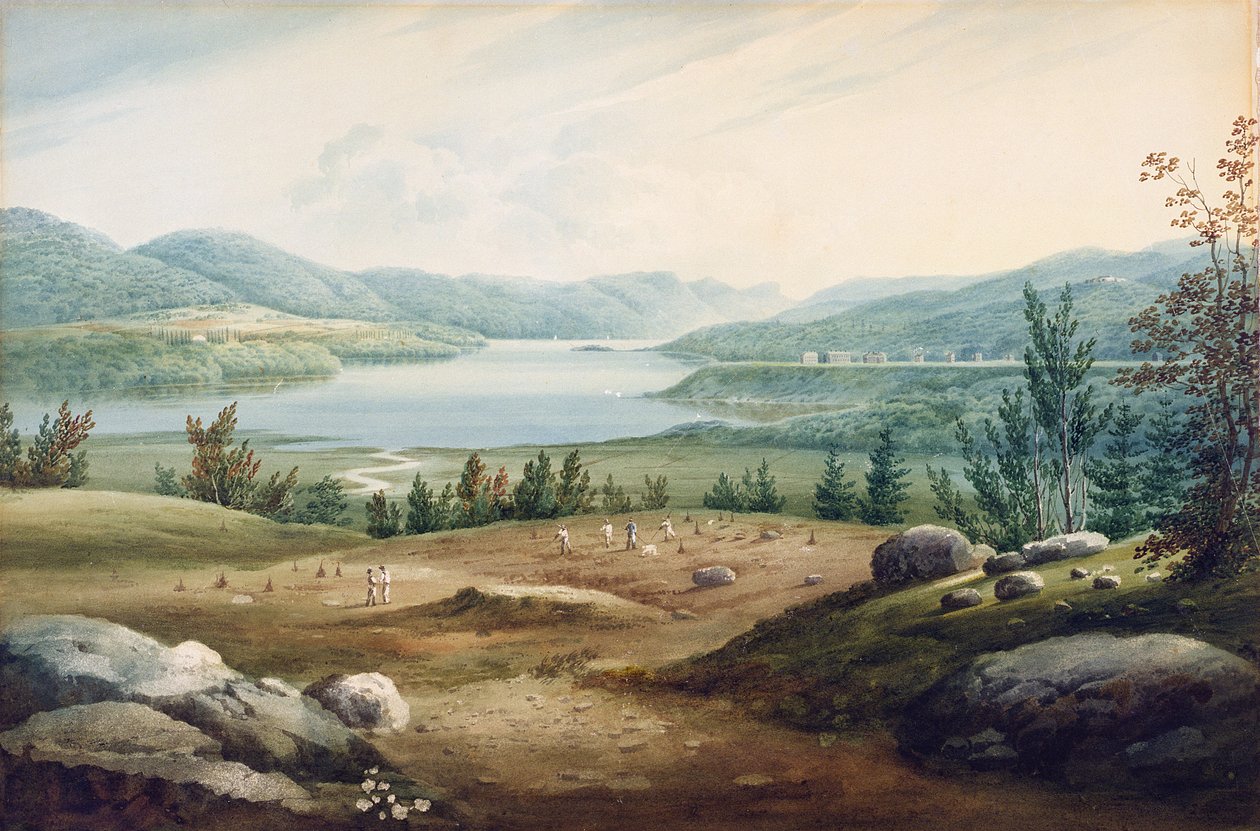 Hudson River ved West Point, New York, 1820 (wc på papir monteret på pap) af William Guy Wall