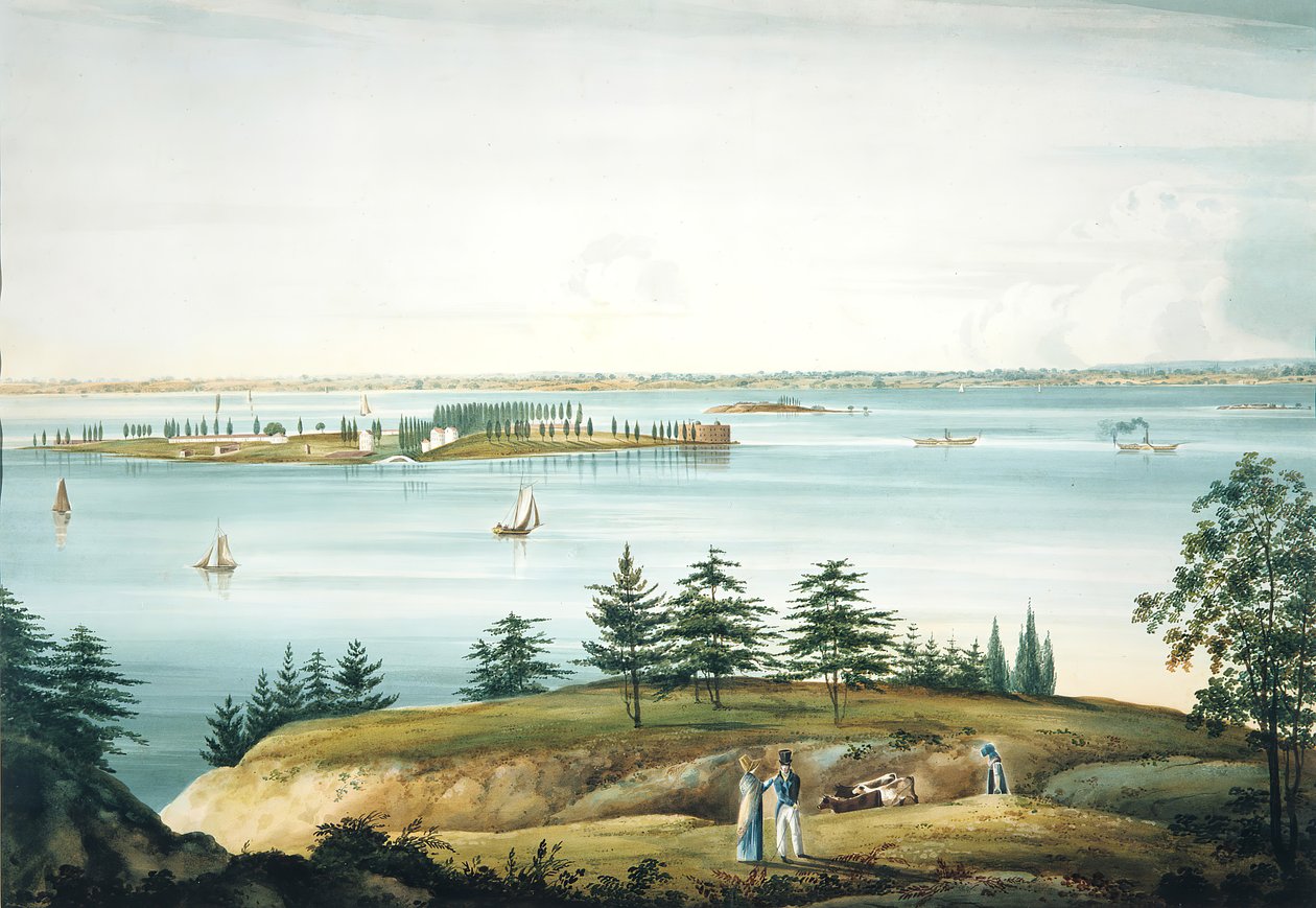 The Bay of New York og Governors Island taget fra Brooklyn Heights, 1820-25. af William Guy Wall