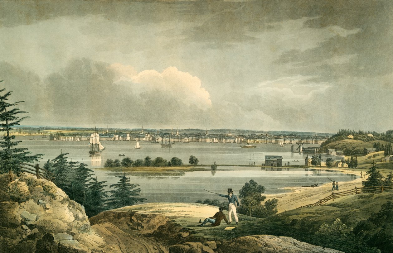 New York fra Heights nær Brooklyn, pub. 1828 (håndkoloreret gravering) af William Guy after Wall