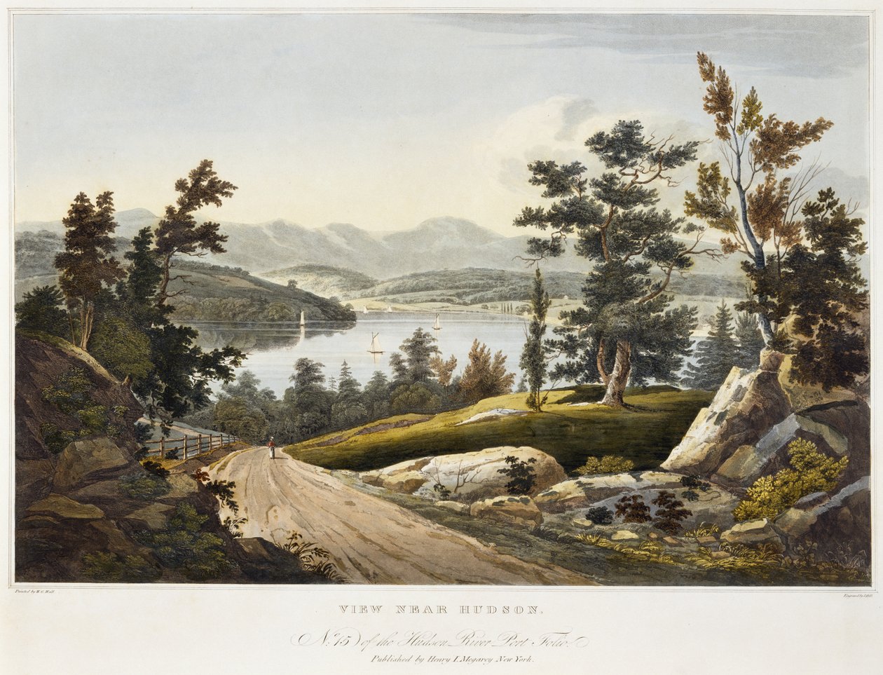 Udsigt nær Hudson, 1822 (akvatinte på papir med håndfarvning) af William Guy after Wall