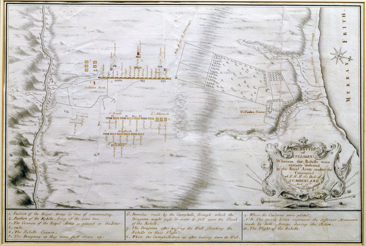 Plan over slaget ved Culloden, den 16. april 1746 (pen og blæk på papir) af William Hall