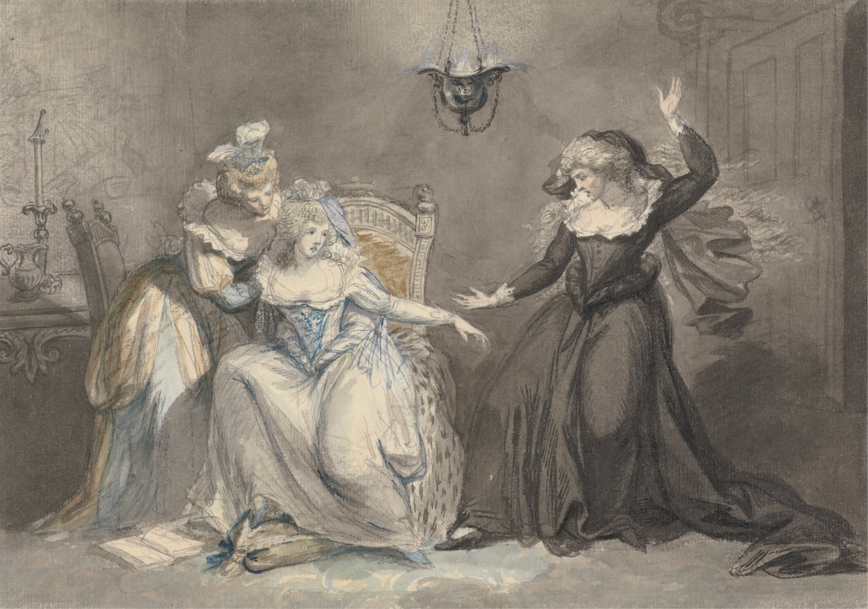 En dramatisk scene med tre kvinder i et interiør af William Hamilton