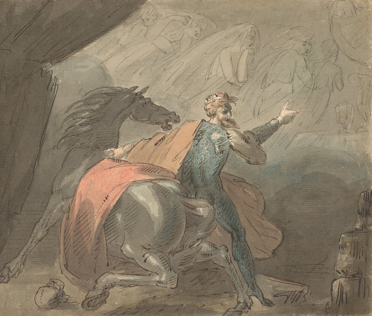 En konge og en hest med spøgelsesagtige kvinder, 1770-80. af William Hamilton