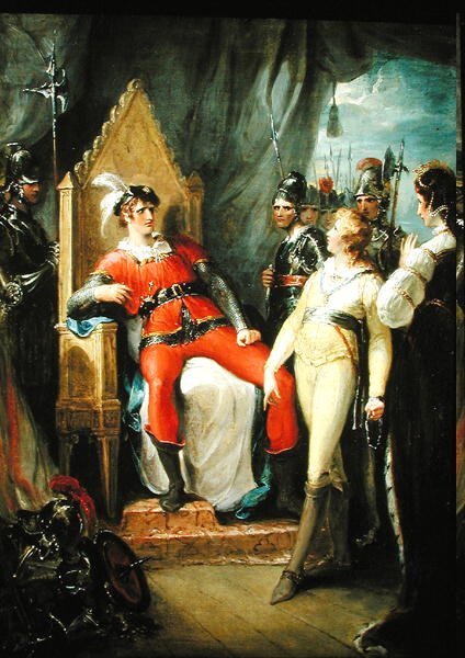 Edward Prince of Wales og hans mor Dronning Margaret (1430-82) stillet for kong Edward IV (1442-83) efter slaget ved Tewkesbury (olie på lærred) af William Hamilton