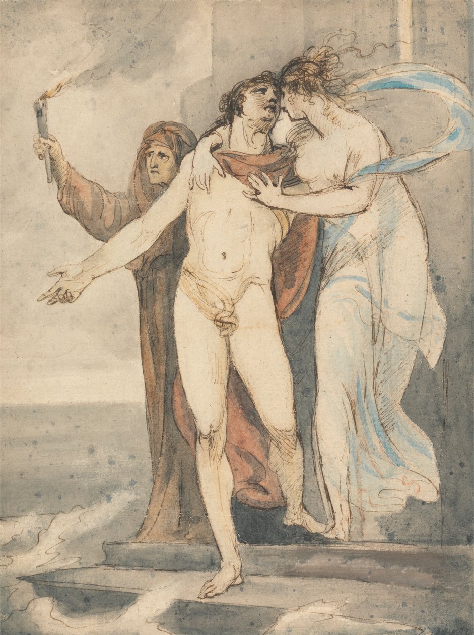 Leander tager afsked med Hero, før han svømmer tilbage over Hellespont af William Hamilton