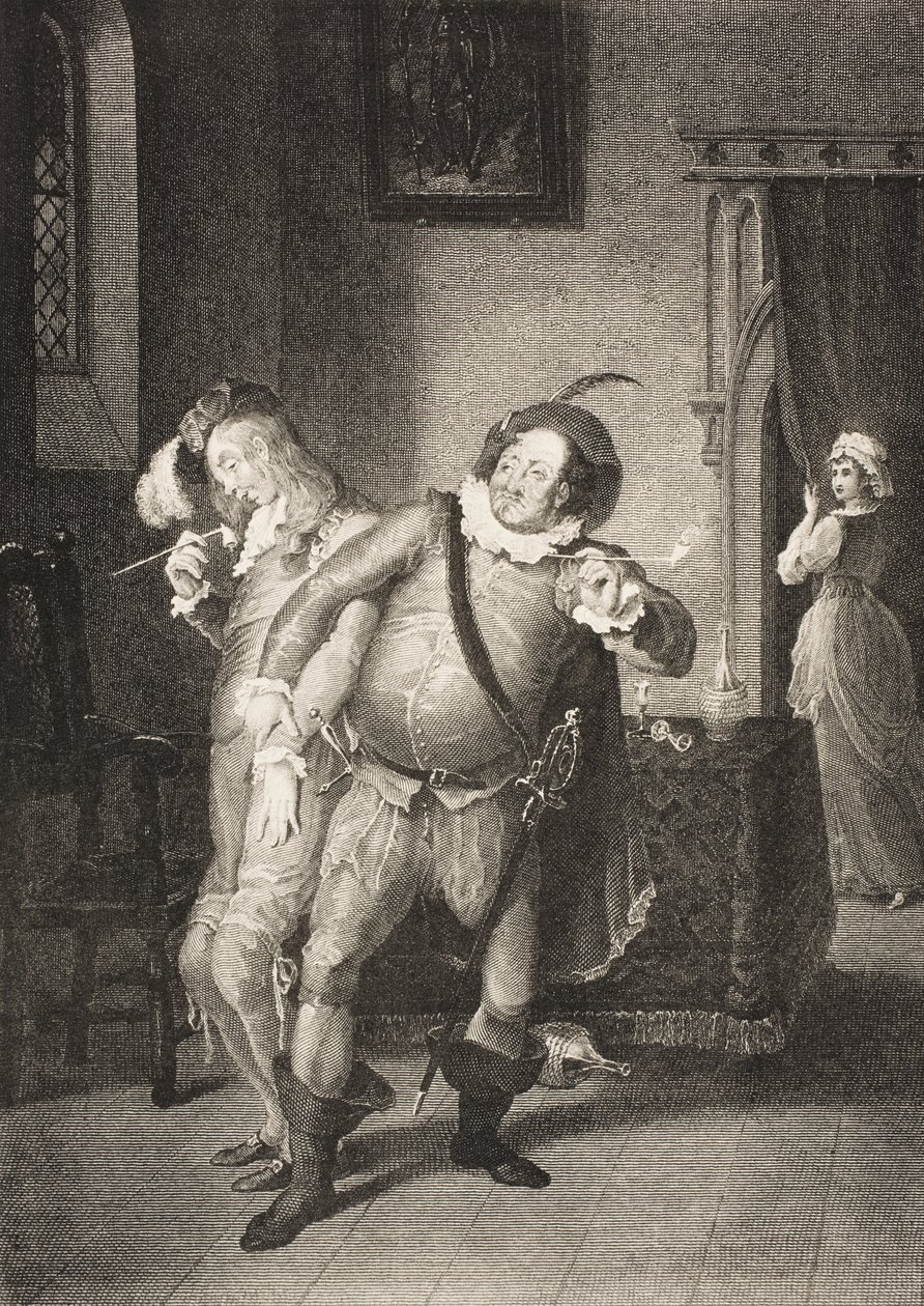 Olivias hus, akt II, scene III, fra "Twelfth Night, Or What You Will", fra The Boydell Shakespeare Gallery, udgivet sidst i det 19. århundrede af William Hamilton
