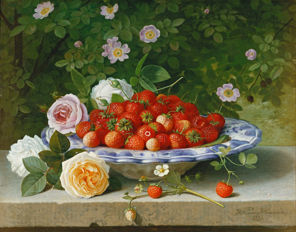 Jordbær i en blå og hvid bøttetæller med roser og sød briar på en afsats, 1871 af William Hammer