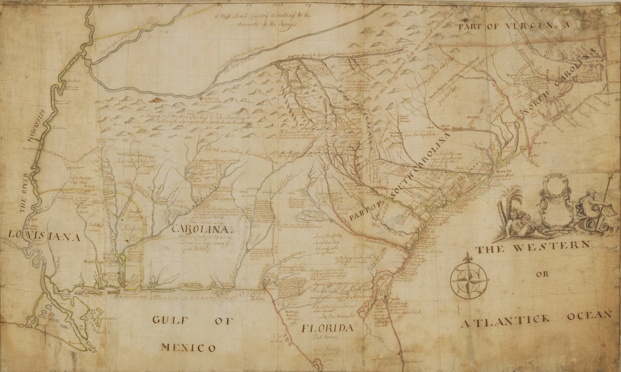 Kort over den sydøstlige del af Nordamerika, 1721 (pen og blæk og vask på papir) af William Hammerton