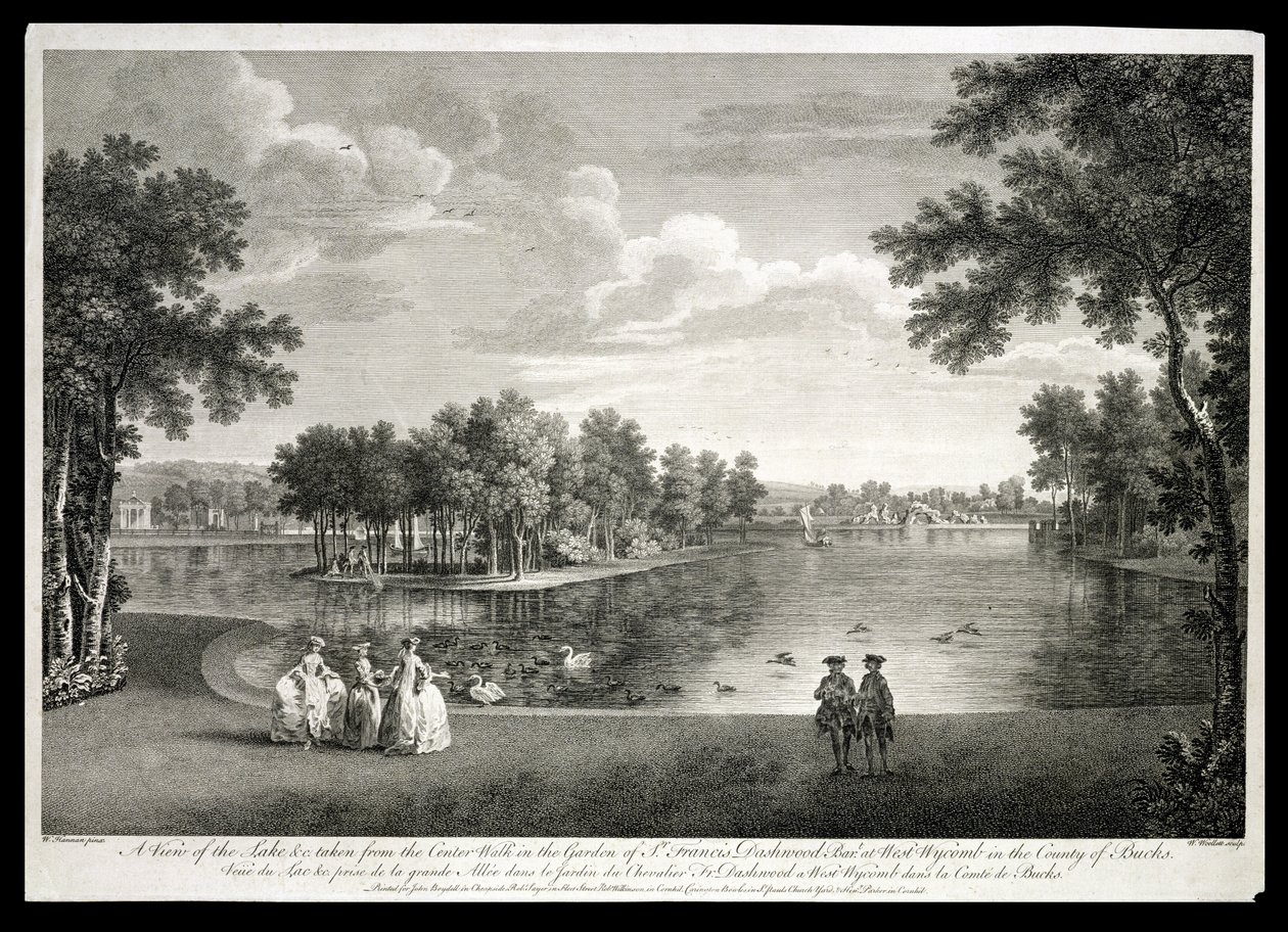 Udsigt over søen fra Centre Walk i haven ved West Wycombe, Buckinghamshire, indgraveret af William Woollett (1735-85) af William Hannan