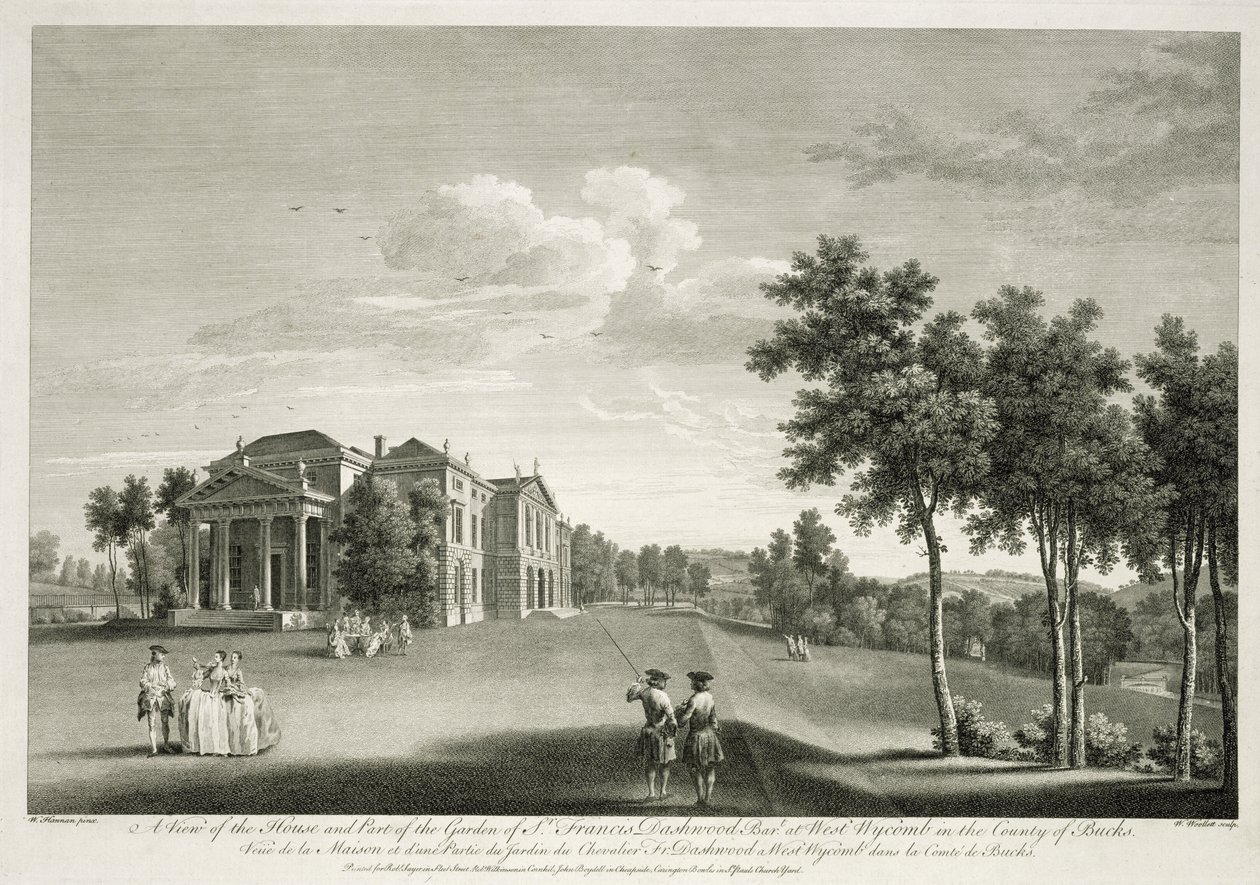 Udsigt over huset og en del af haven ved West Wycombe, Buckinghamshire, indgraveret af William Woollett (1735-85) af William Hannan