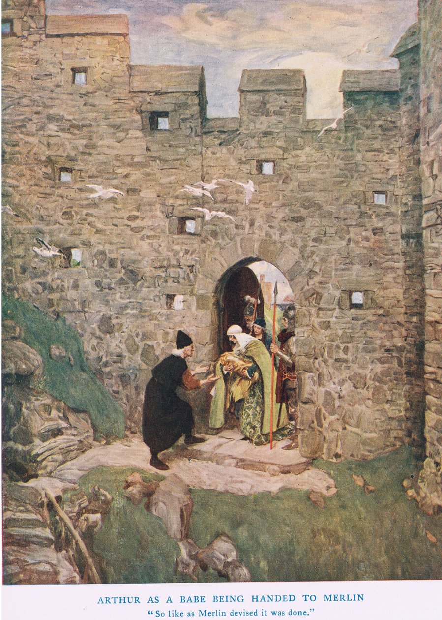 Arthur som babe bliver overleveret til Merlin, illustration fra 