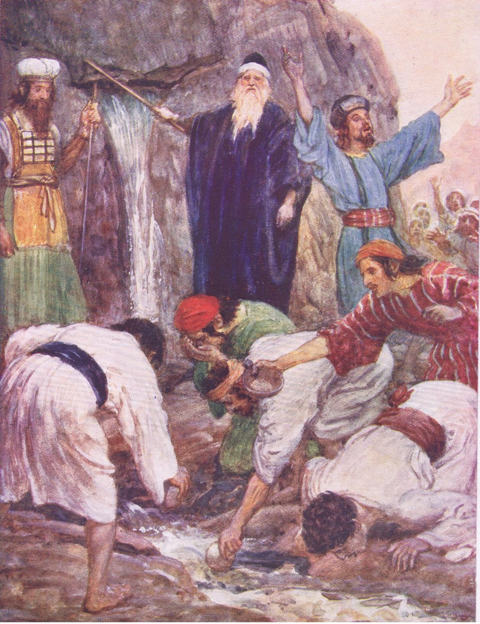 Moses slår klippen, fra The Bible Story udgivet af Hodder & Stoughton, ca. 1930 af William Hatherell