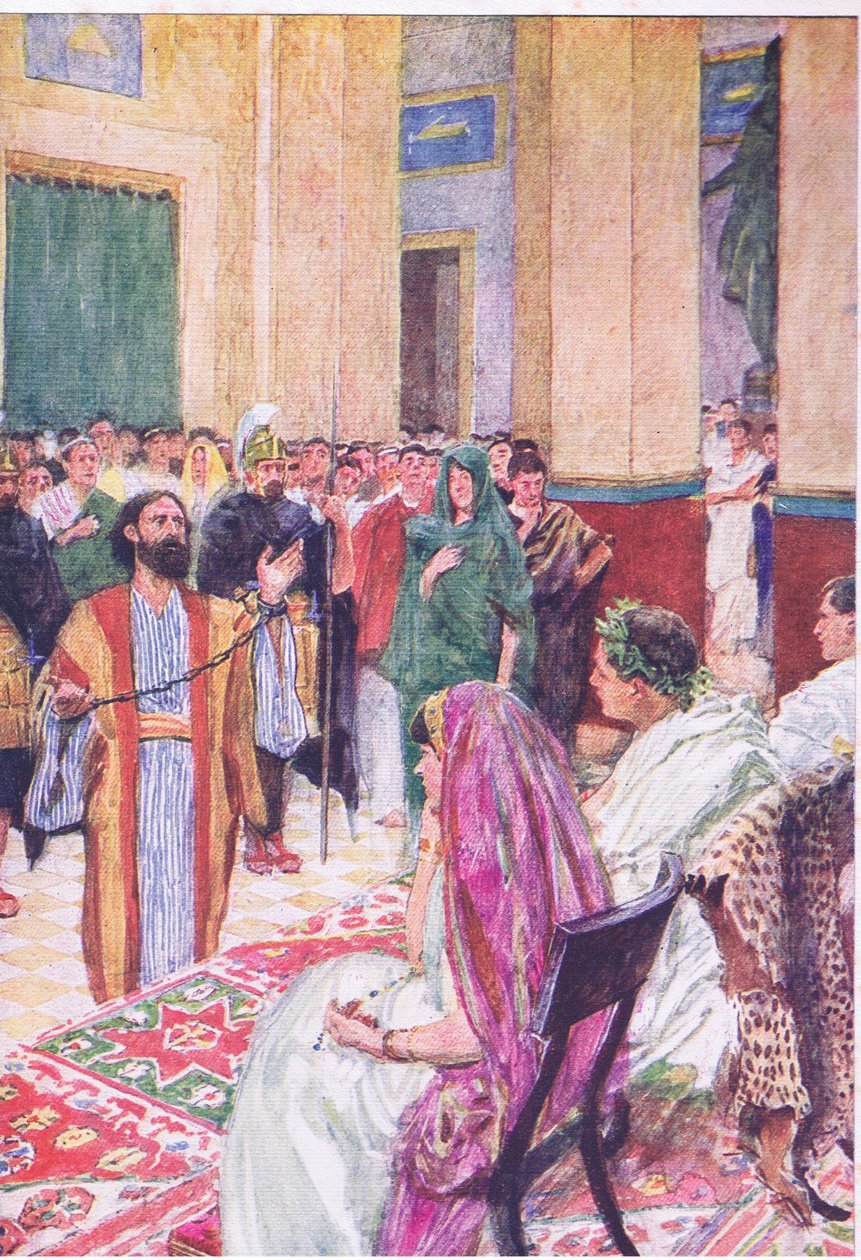 Paul før Agrippa, fra The Bible Story udgivet af Hodder & Stoughton, ca. 1930 (farve litho) af William Hatherell