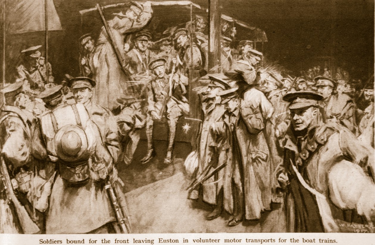 Scener af gribende glæde og patos opført på de store banegårde i London, 1914-19 af William Hatherell