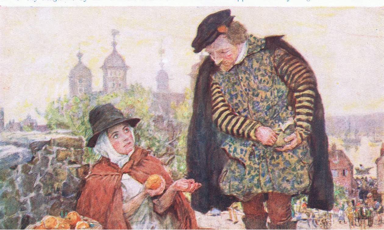 Shakespeare køber en appelsin af en kvinde på Tower Hill, fra My Magazine, pub.1922 af William Hatherell