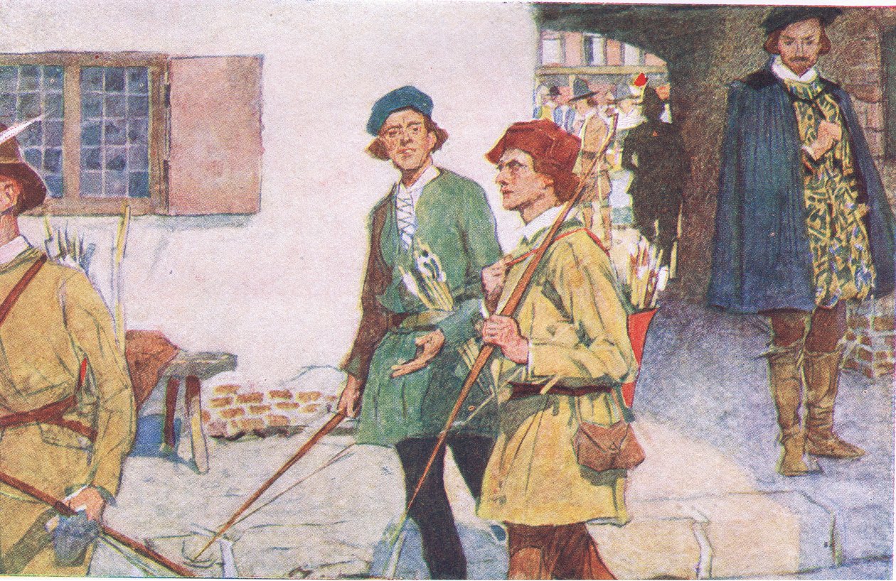 Shakespeare ser en gruppe lærlinge med deres buer og pile gå til bueskydningspladsen ved Moorfields, fra My Magazine, pub.1922 af William Hatherell