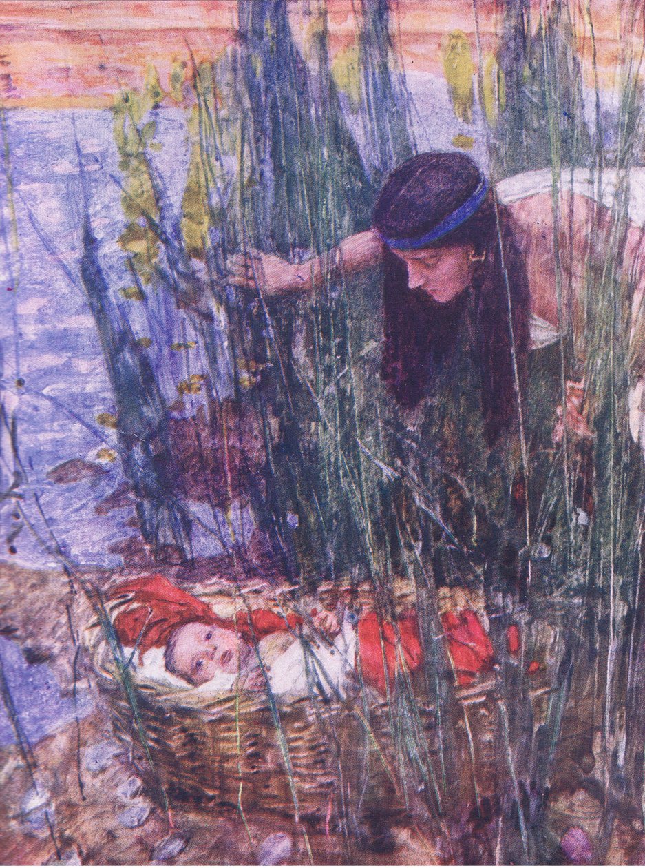 Fundet af Moses, fra The Bible Story udgivet af Hodder & Stoughton, ca. 1930 (farve litho) af William Hatherell