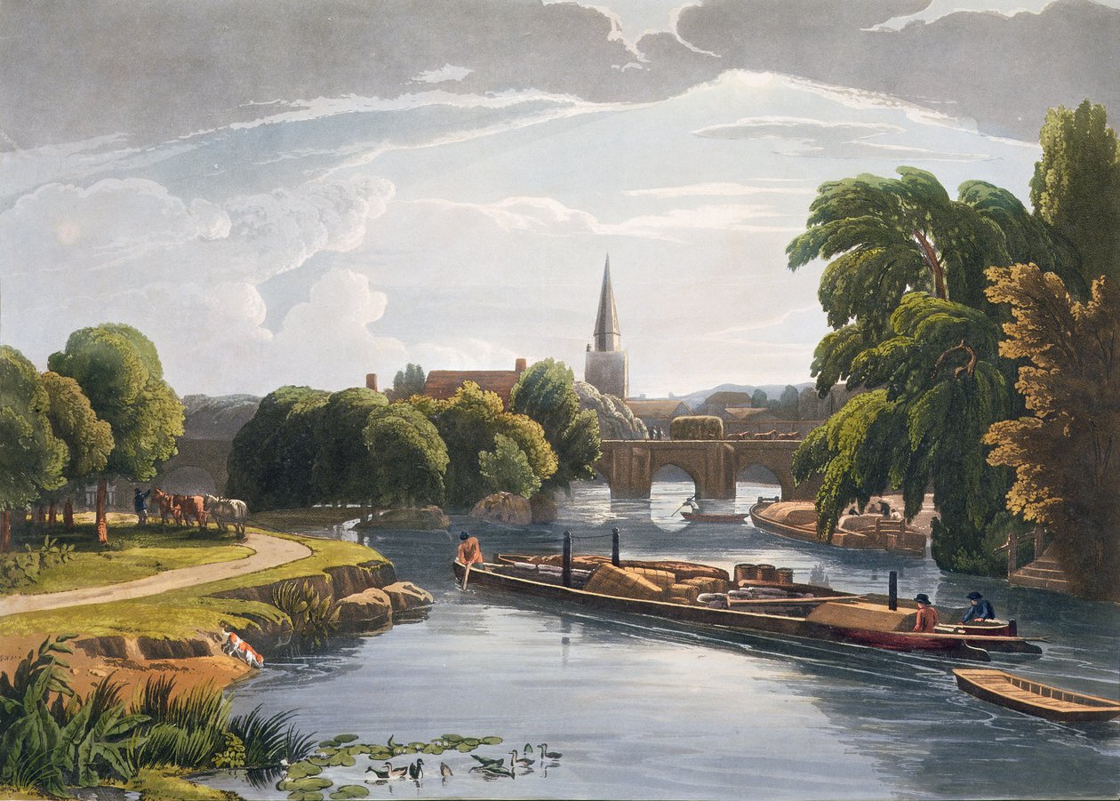 Abingdon Bridge and Church, graveret af Robert Havell den Yngre (1793-1878) udgivet 1818 (akvatint) af William Havell
