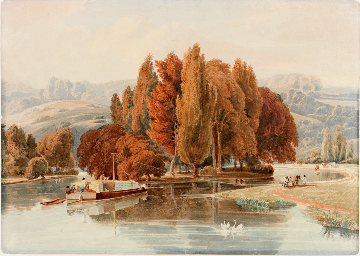 En ø ved Themsen nær Park Place, Oxfordshire (wc på vævet papir) af William Havell