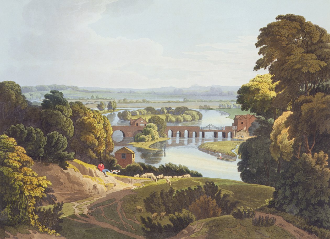 Caversham Bridge, nær Reading, indgraveret af Robert Havell den Yngre (1793-1878) udgivet 1818 (akvatinte) af William Havell
