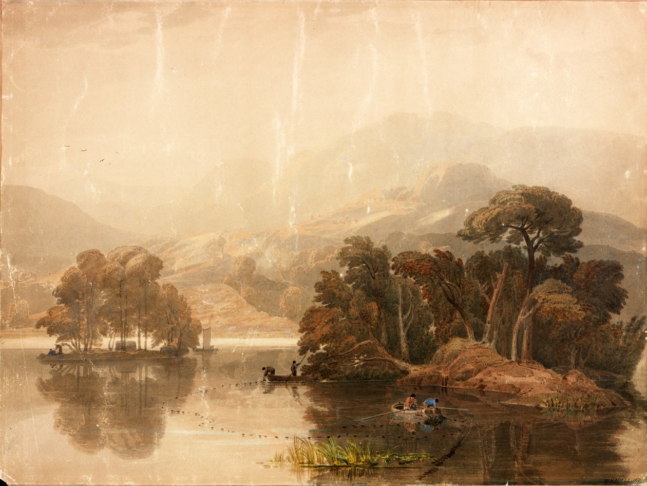 Keswick Lake (kropsfarve og akvarel på papir (indsat på kort)) af William Havell