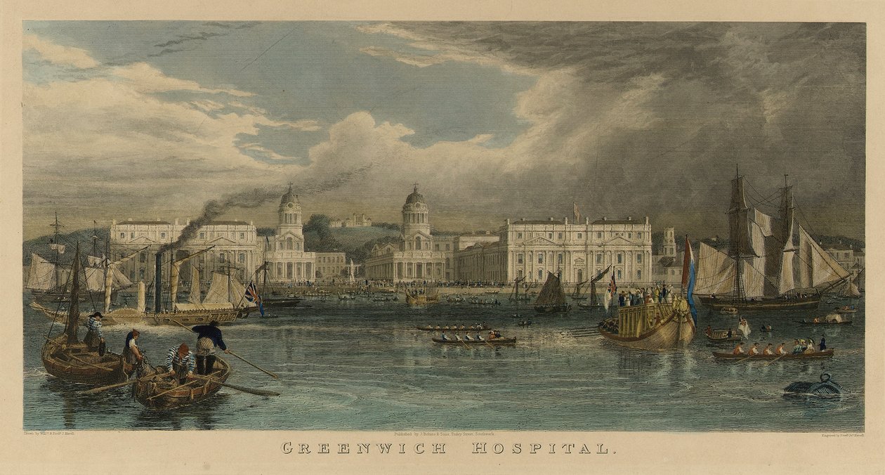 Kongeligt besøg på Greenwich Hospital (England), med et sejlskib, en dampbåd, passagerpramme, robåde på Themsen af William Havell