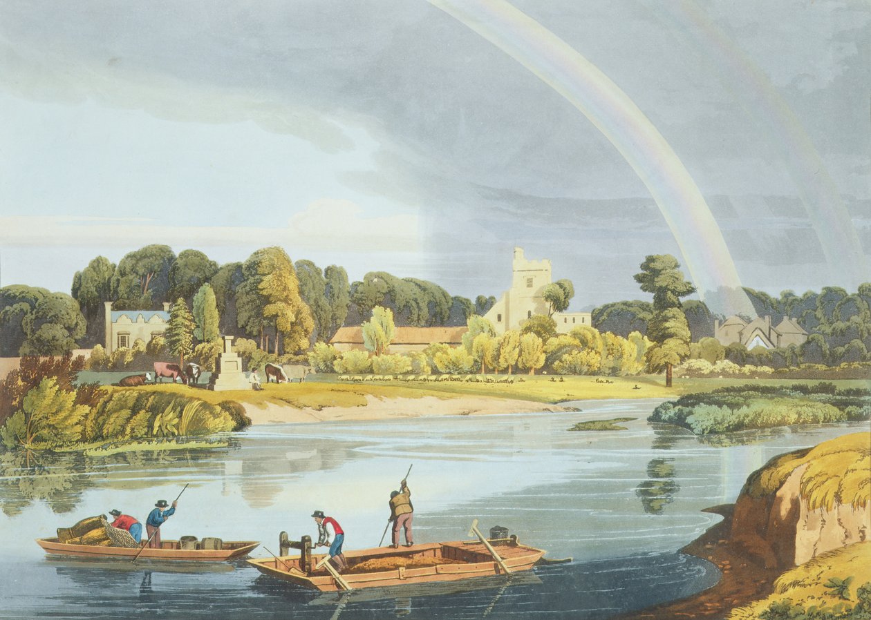 Staines kirke med bysten på bredden af floden, indgraveret af Robert Havell den yngre (1793-1878) udgivet 1818 (akvatint) af William Havell