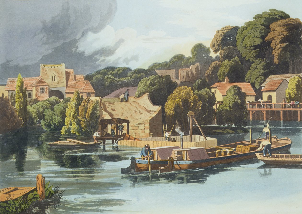 Wallingford Castle i 1810 under reparationer af bro, indgraveret af Robert Havell den yngre (1793-1878) udgivet 1818 (akvatint) af William Havell